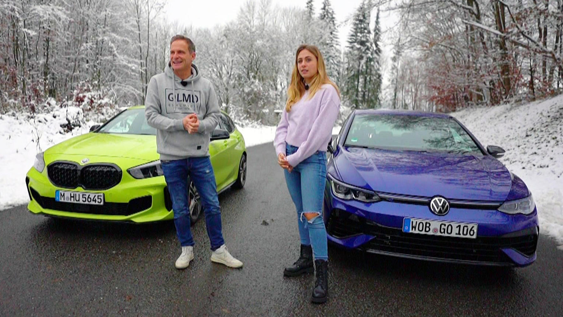 Matthias Malmedie und Sophia Flörsch: VW Golf R 20 Years vs. BMW M135i xDrive